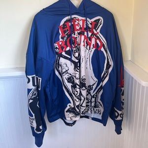 MENS MEDIUM HELL BOUND LONG SLEEVE BLUE AND RED HOODIE